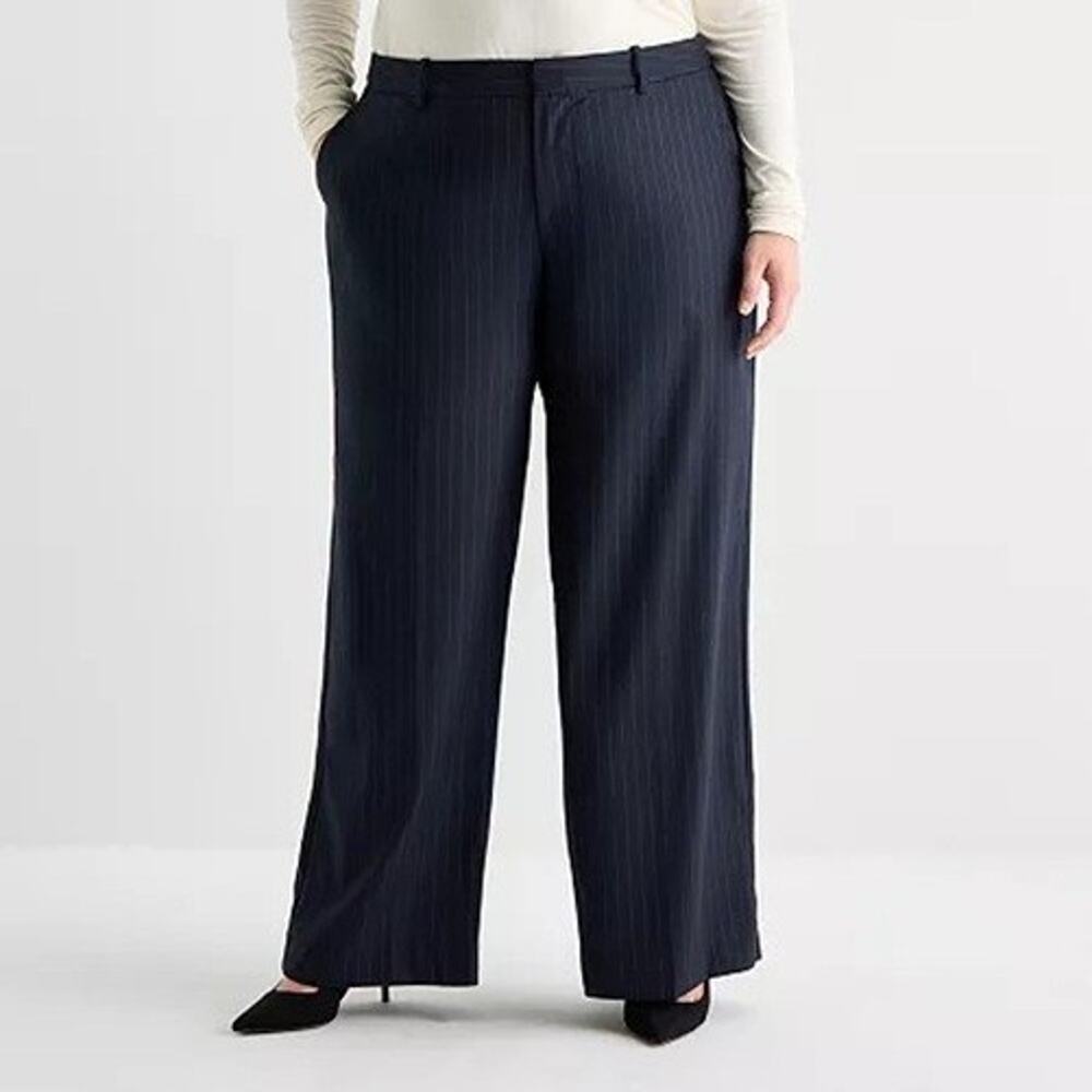 Ashley Graham Plus 18W Pants Dark Navy Blue Pin Stripe Mid Rise Wide Leg Trouser